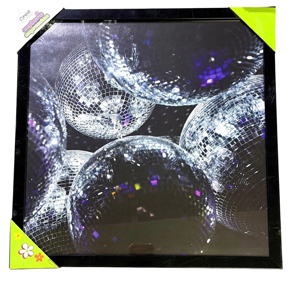 NWT Real Living Euphoric Expression Disco Ball Framed Wall Art Black 18x18